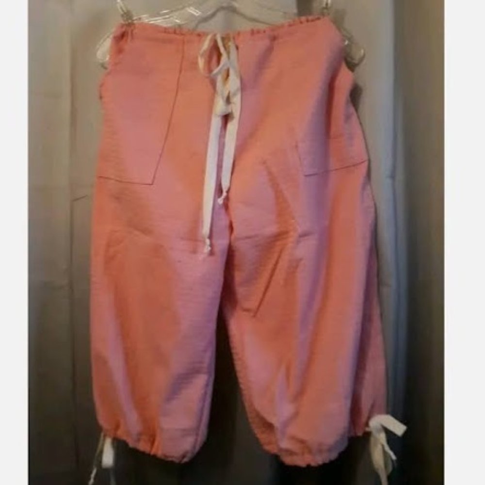 NEW RIP Stop Denim Capris sz 12 Pink patterned Casual pants Drawstring waist